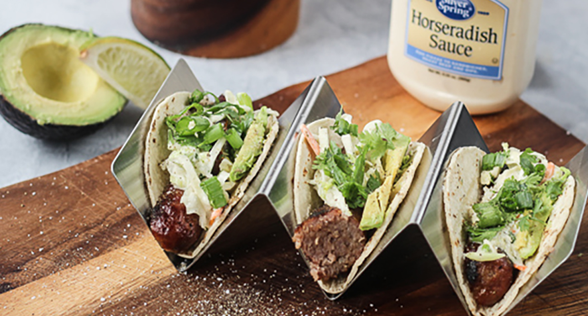 View Grilled Brat Tacos with Lime Horseradish Slaw Gallery - Image 1 Grilled Brat Tacos with Lime Horseradish Slaw
