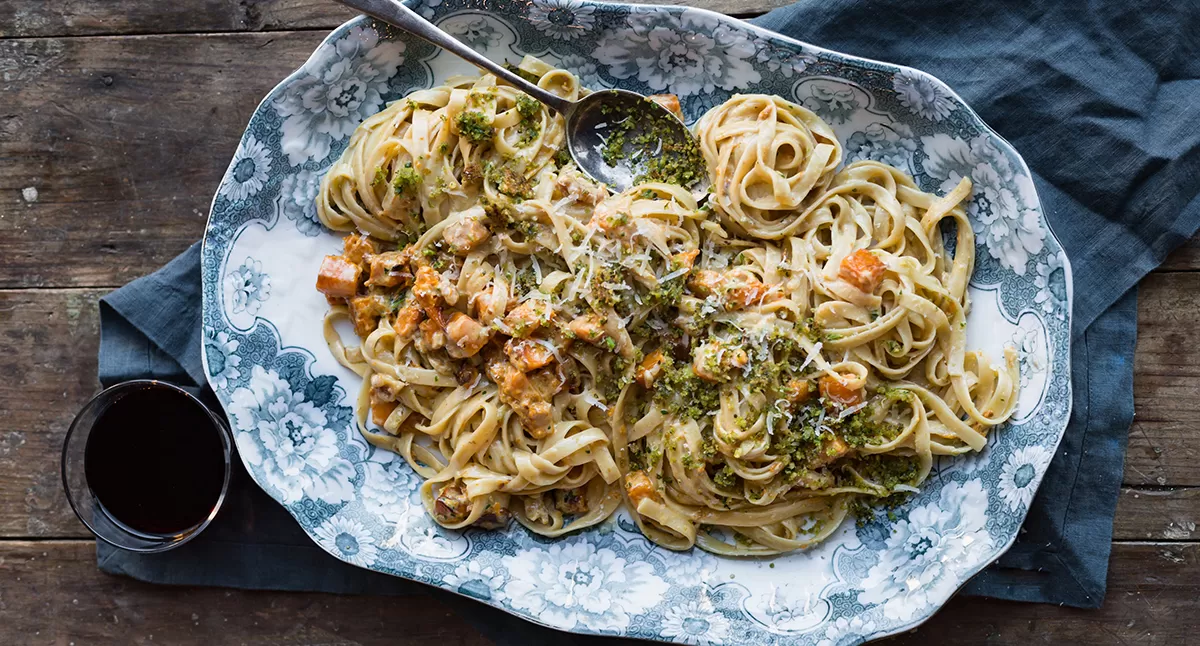 Butternut Squash & Horseradish Fettuccini with Herby Walnut Bread Crumbs