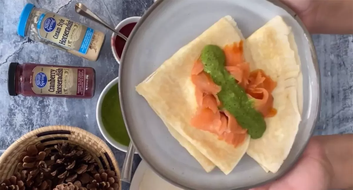 Crepes with Smoked Salmon & Horseradish Pesto