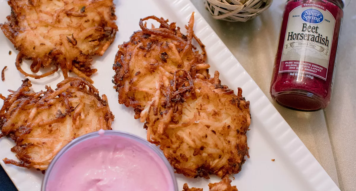 View Lazy Girl Latkes with Beetroot and Horseradish Sour Cream Gallery - Image 1 Lazy Girl Latkes with Beetroot and Horseradish Sour Cream