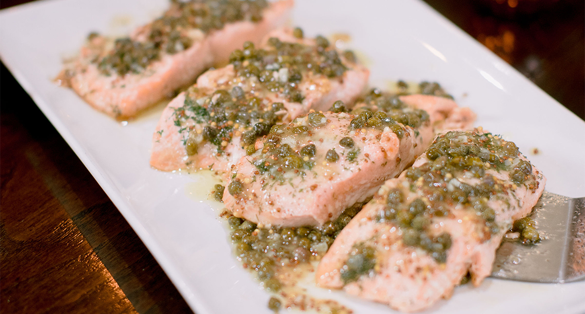 View Salmon Fillets with Mustard Pan Sauce and Capers Gallery - Image 1 Salmon Fillets with Mustard Pan Sauce and Capers