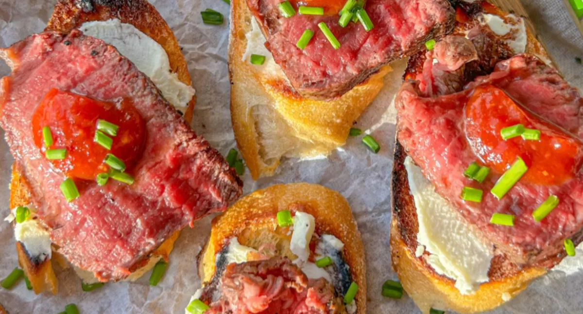 Steak Crostini with Goat Cheese & Cocktail Sauce