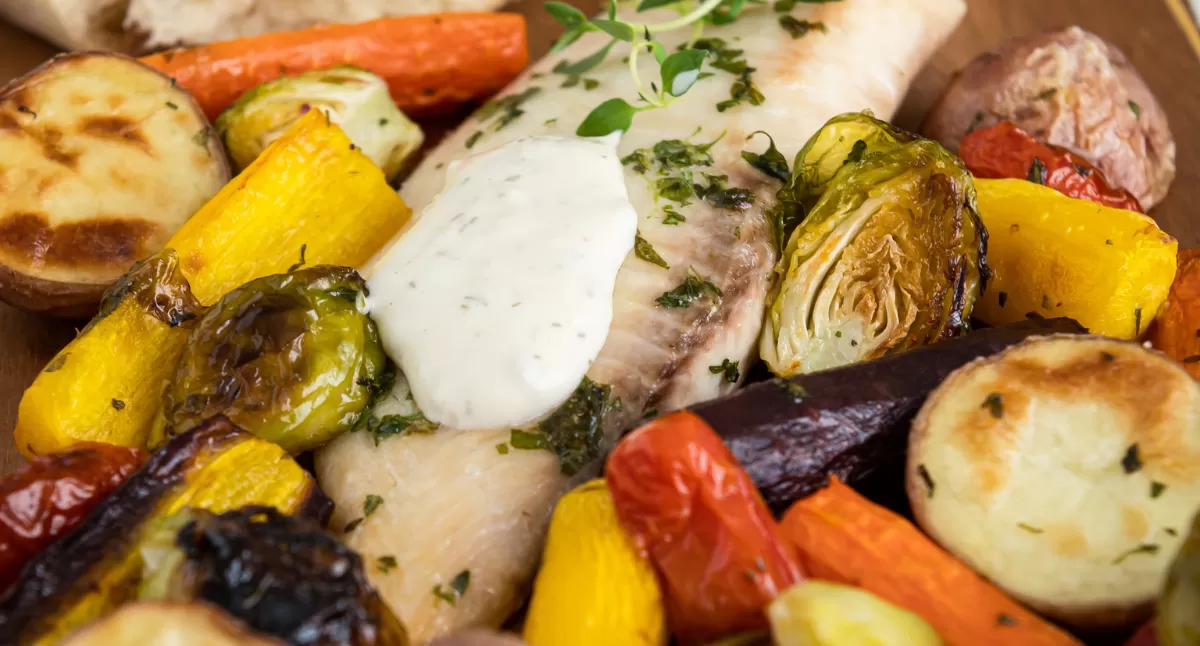 View One-Sheet Tilapia and Roasted Vegetables with Silver Spring Tartar Sauce Gallery - Image 1 One-Sheet Tilapia and Roasted Vegetables with Silver Spring Tartar Sauce