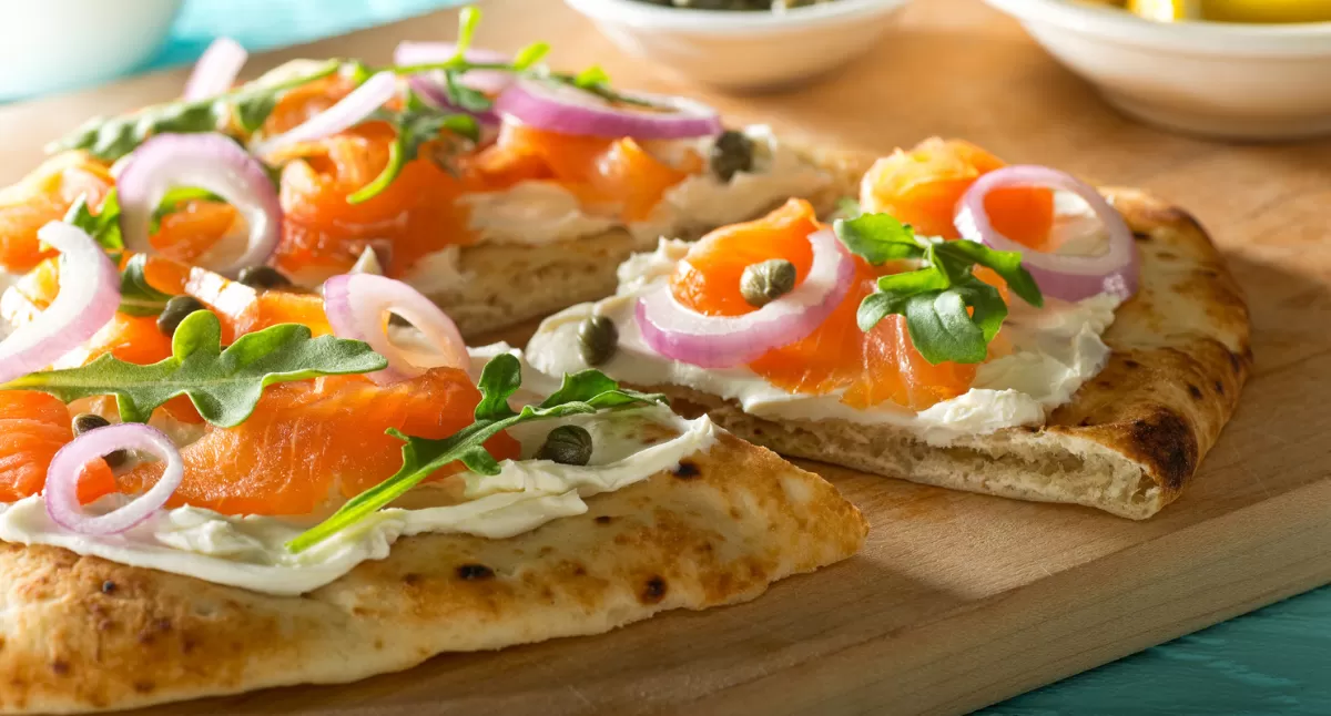 View Lox and Horseradish Schmear Matzah Pizza Gallery - Image 1 Lox and Horseradish Schmear Matzah Pizza