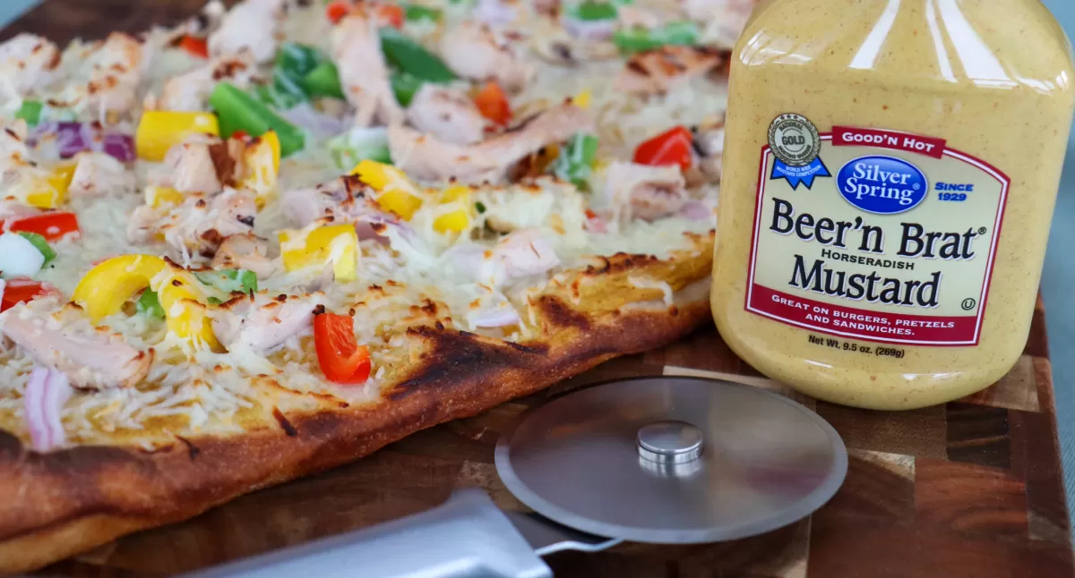 View Spicy Chicken Pizza with Beer'n Brat Mustard Gallery - Image 1 Spicy Chicken Pizza with Beer'n Brat Mustard