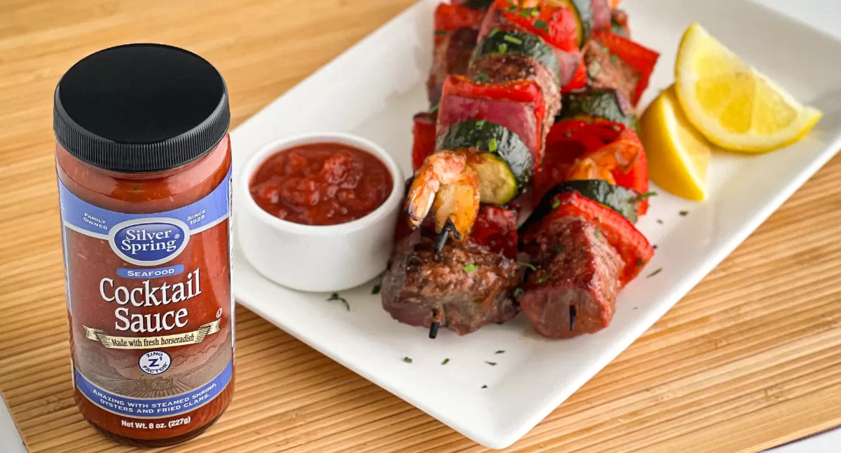 View Grilled Surf & Turf Skewers with Cocktail Sauce Butter Gallery - Image 1 Grilled Surf & Turf Skewers with Cocktail Sauce Butter